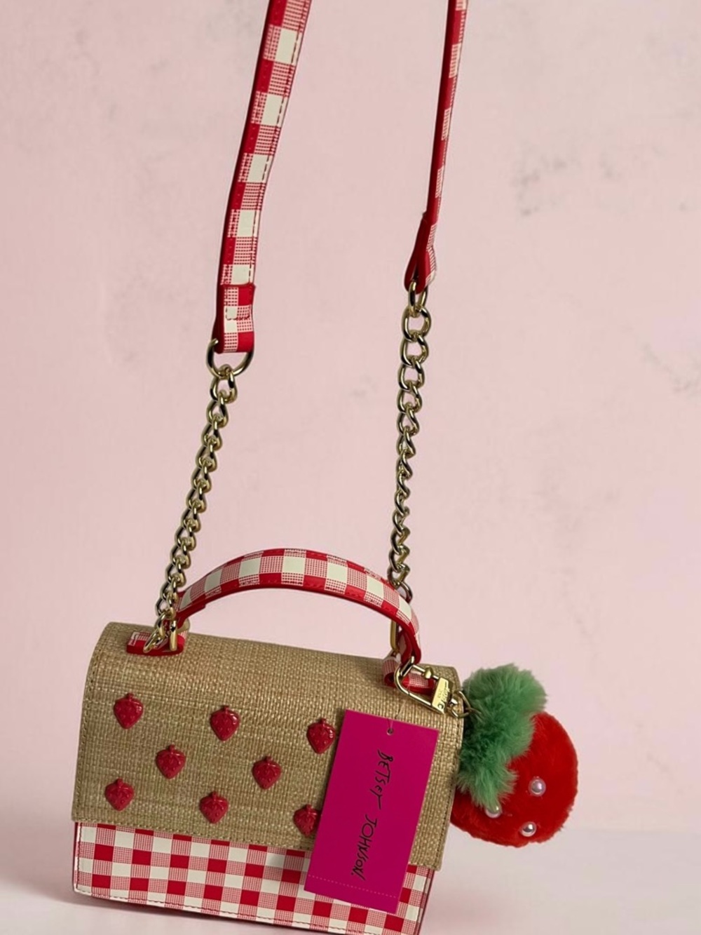 Betsey Johnson Red Gingham Strawberry Charm Crossbody Bag - Picture 7 of 16